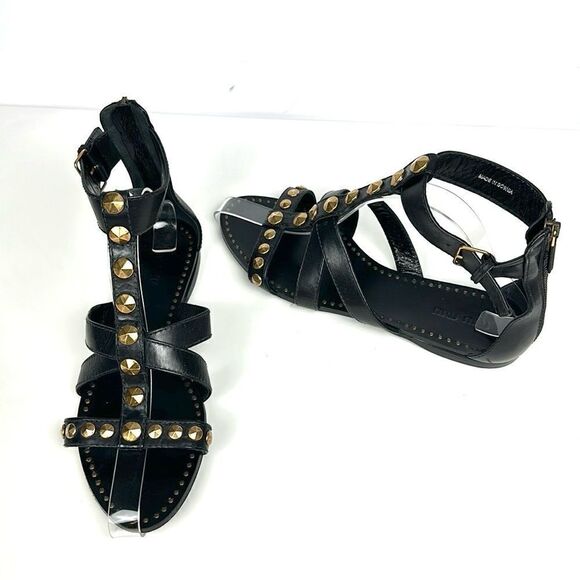 NWOB Miu Miu Prada Studded T-Strap Gladiator Sandal Black Leather 38 US 8 - Picture 3 of 13